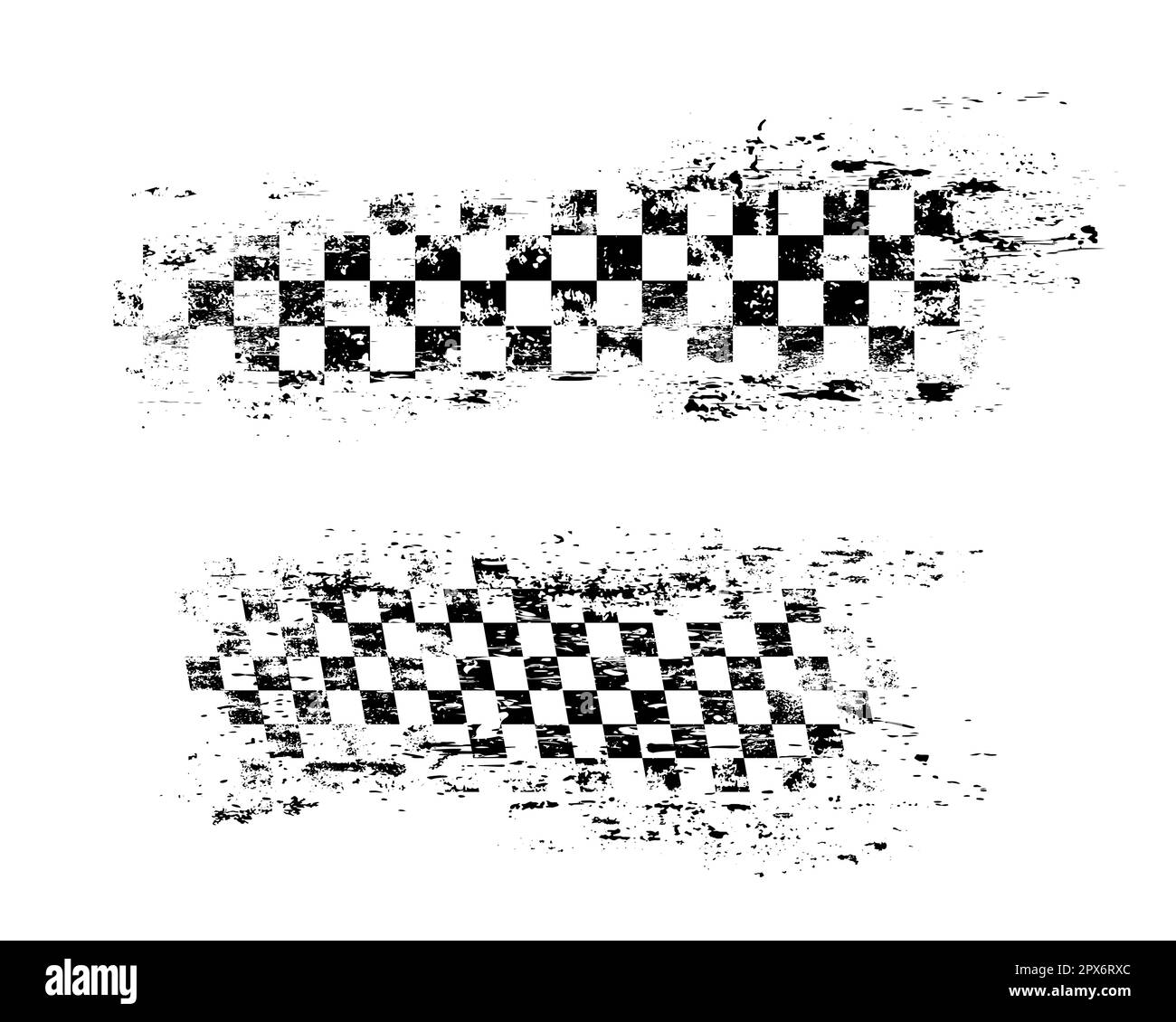 Grunge race flag, car rally and racing sport or motocross and karting vector background. Grunge checkered flag with tire print for drag races or bike Stock Vector