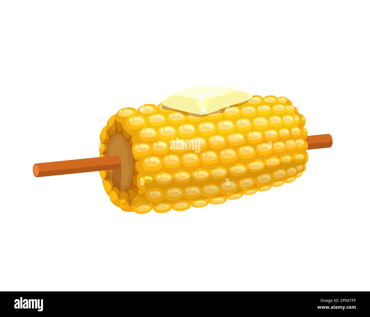 Cartoon sweet corn stick with butter and salt, vector vegetable food. Maize with ripe sweet grains or kernels, hot baked or grilled corn cob on skewer Stock Vector