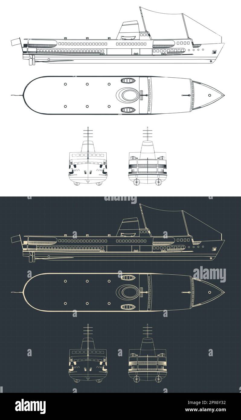 Stylized vector illustration of blueprints of passenger ferry Stock Vector