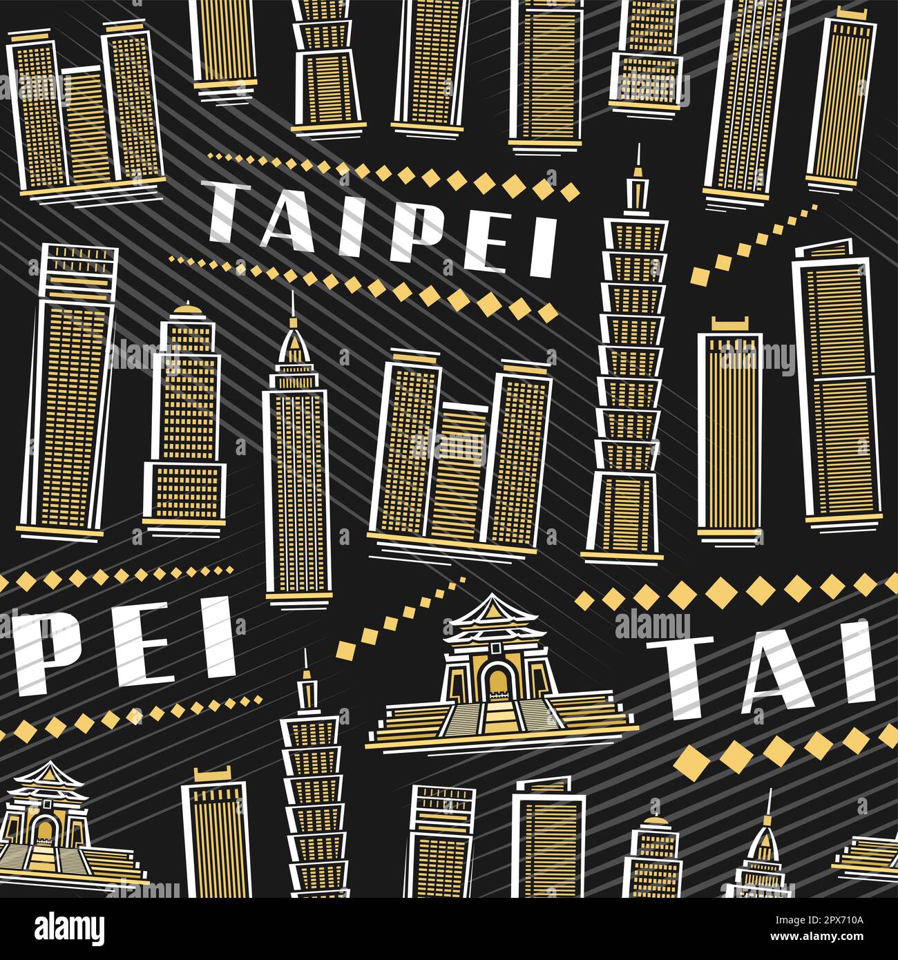 Vector Taipei Seamless Pattern, square repeating background with illustration of famous taipei city scape on dark background for wrapping paper, decor Stock Vector