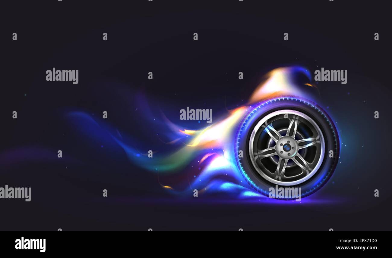 Vector 3d realistic rubber car wheel on fire in fast motion on road. Black tire in blue flames