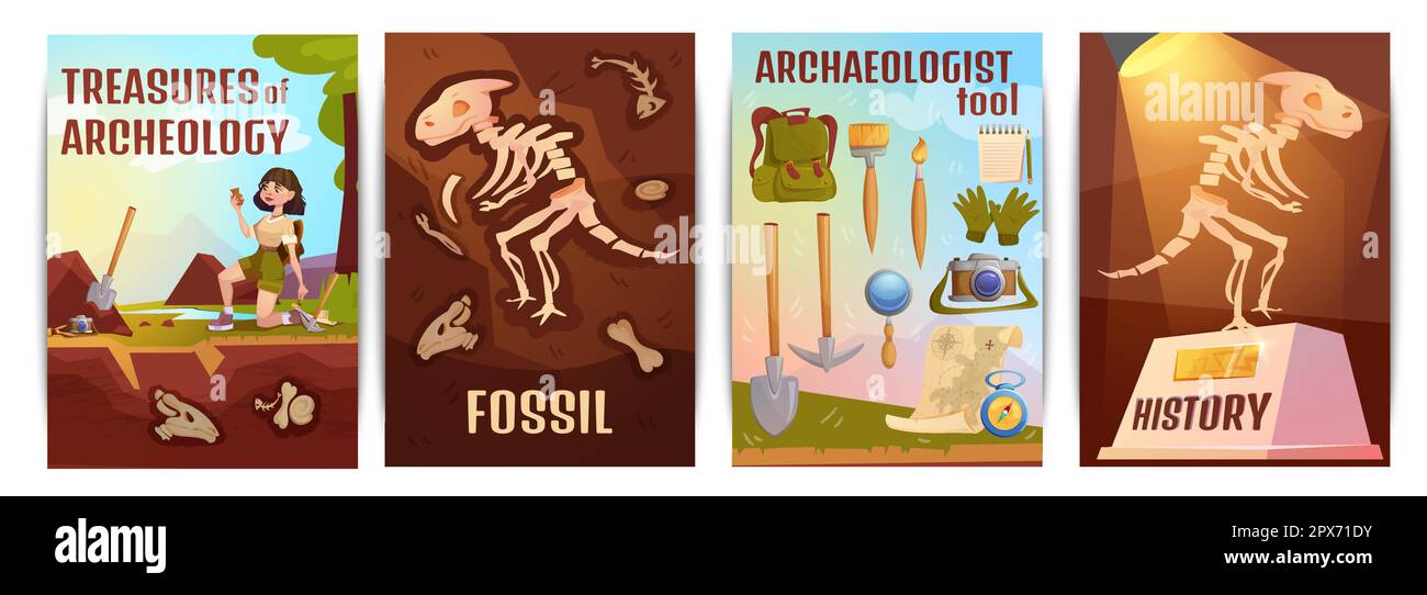 Cartoon set of posters with scientist archaeologist with old artifacts. Excavation tools for search archeology treasures, fossil animals, prehistoric dinosaur skeleton in ground and museum of history. Stock Vector