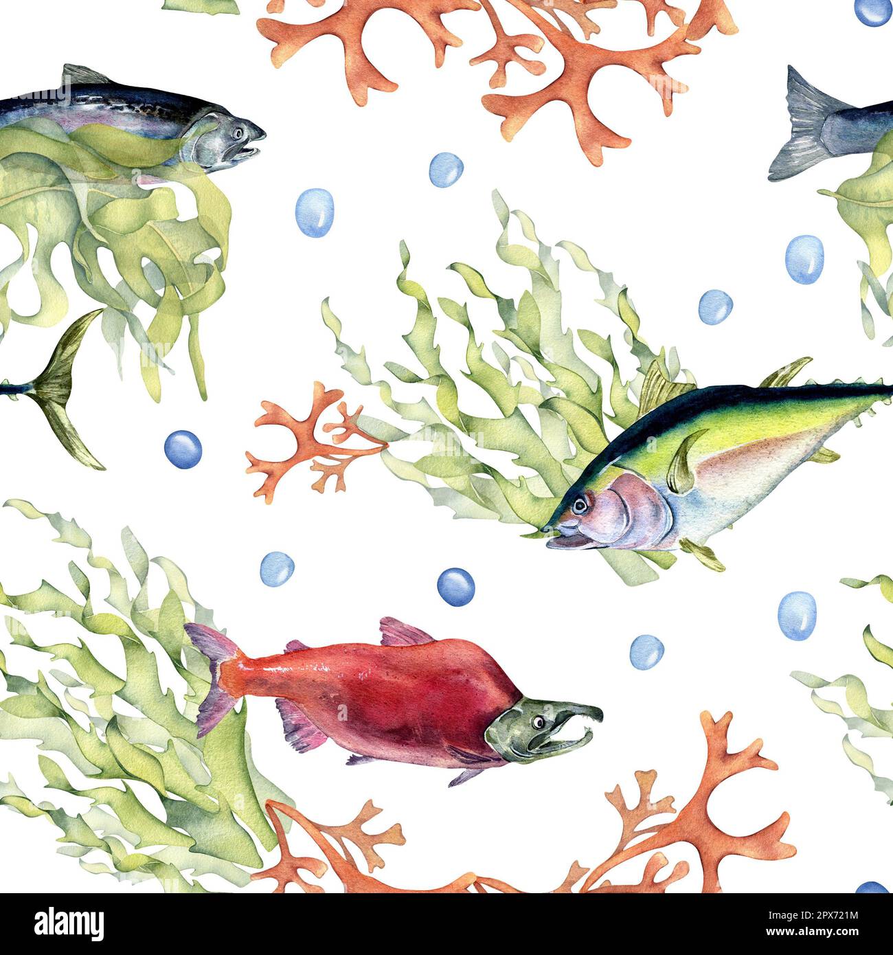 Various wild sea fish seamless pattern watercolor illustration isolated ...