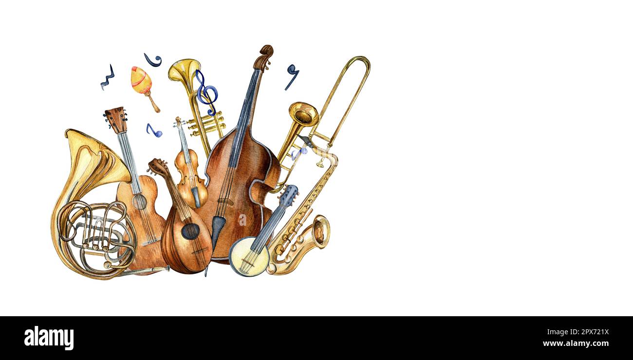 Guitar, violin, contrabass and banjo, mandolin watercolor illustration