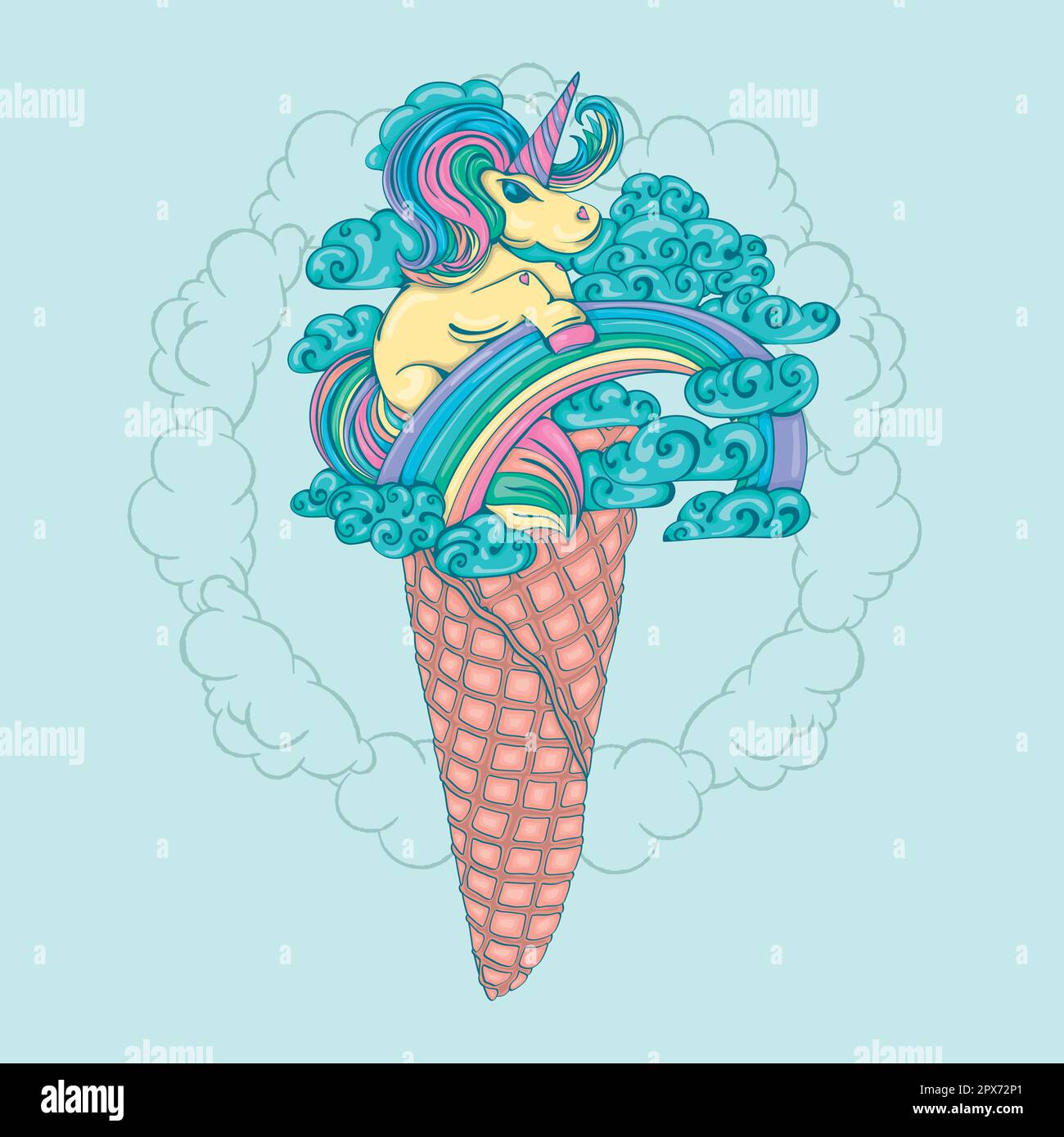 Unicorn in the clouds on the rainbow in the waffle cone. Fun mood. Fairy tale illustration. Stock Vector