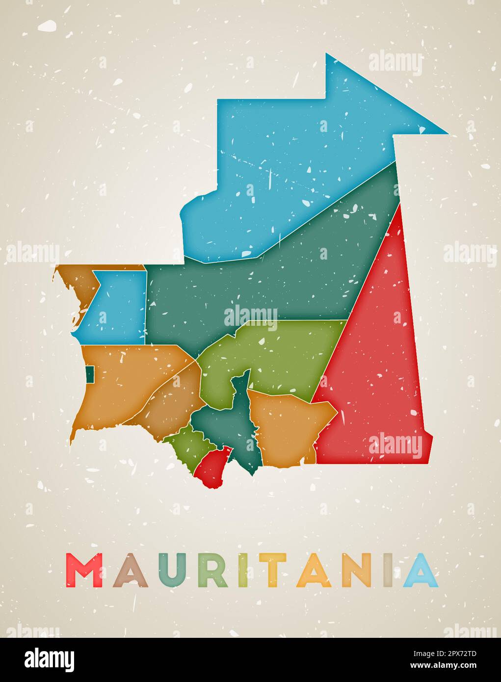 Mauritania map. Country poster with colored regions. Old grunge texture