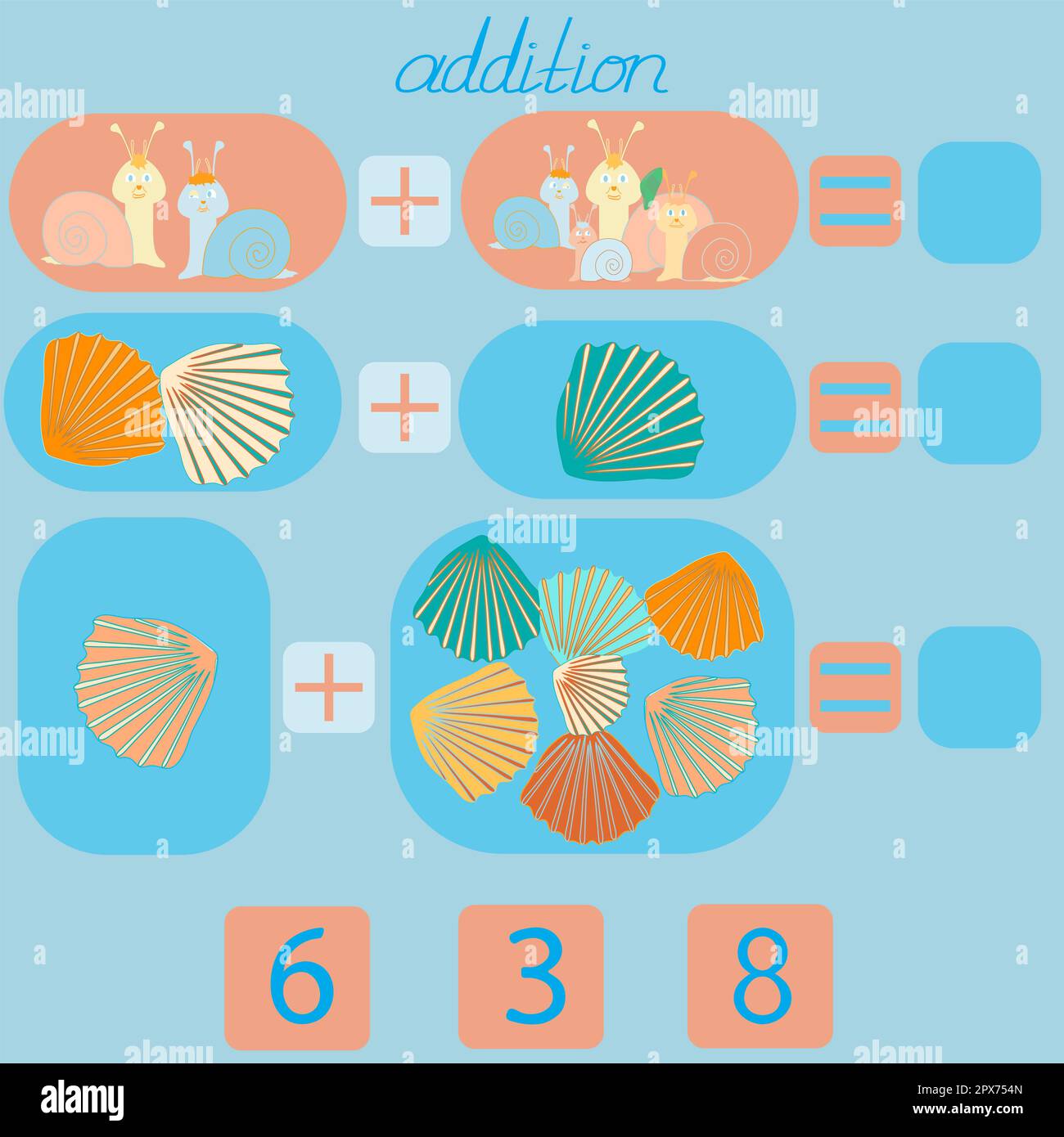 count the snails and shells in the picture and put the right number in