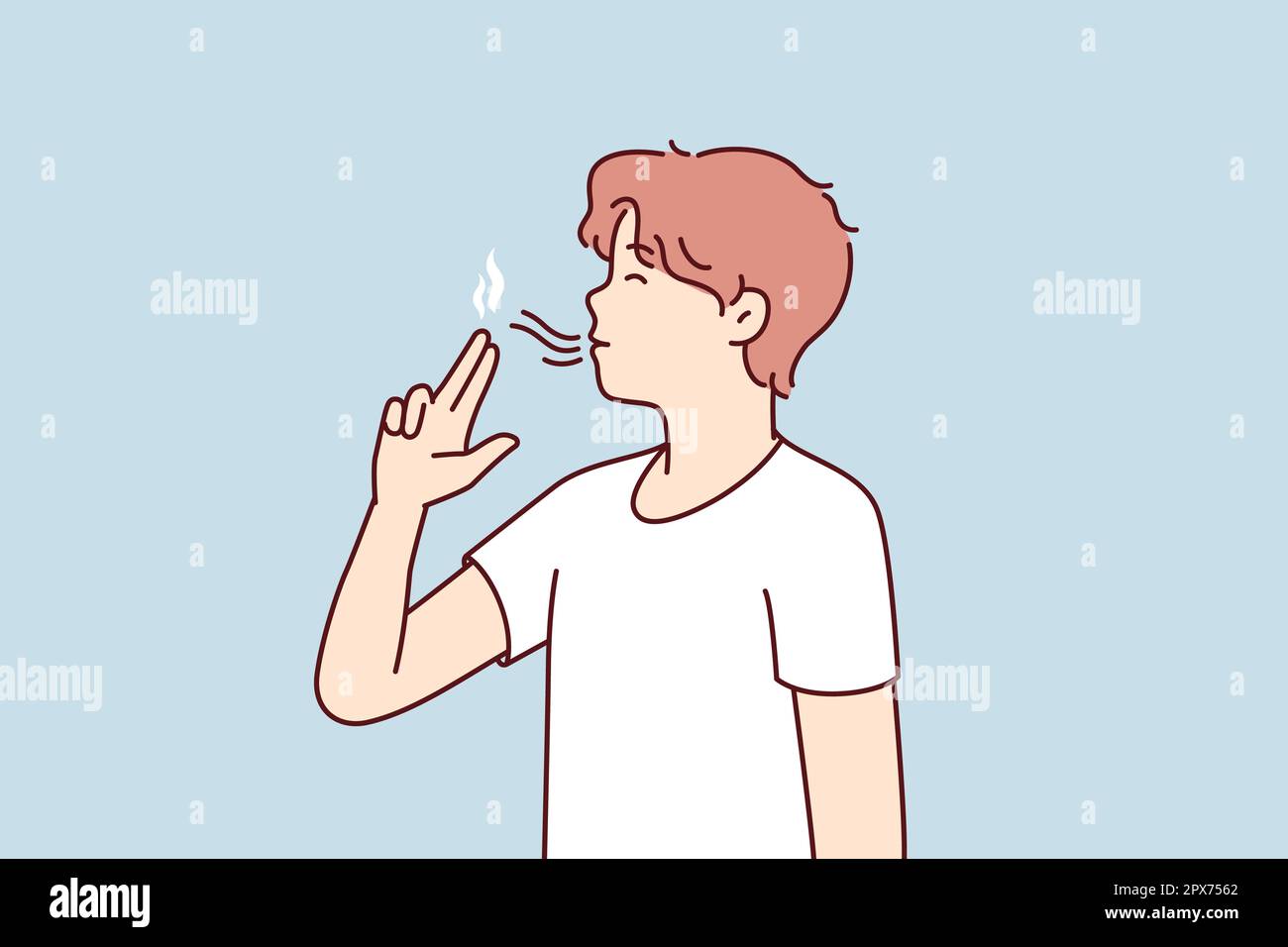 invisible cigarette Casual guy teenager puts fingers to lips depicting gun wants to seem like  smoker. Youth man lights invisible cigarette suffering from bad habits or  ni Stock Photo