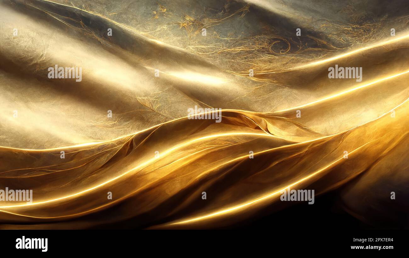 Abstract art fluid golden waves background full frame with bright lightning. Artificial Art. Stock Photo
