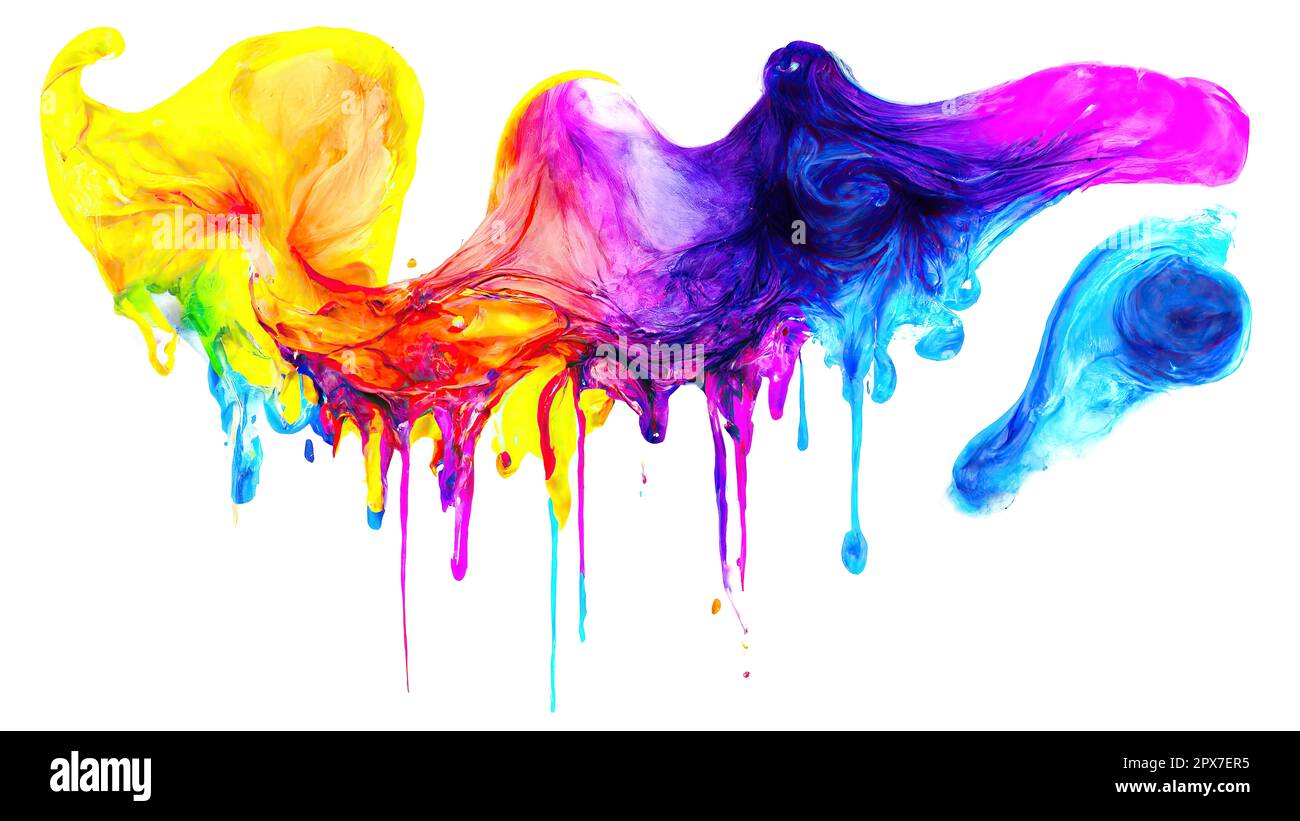 Colorful acryl paint splashes on wall dripping down in horizontal banner on bright background. Artificial Art. Stock Photo