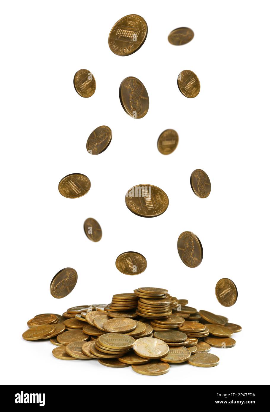 American cent coins falling into pile on white background Stock Photo ...