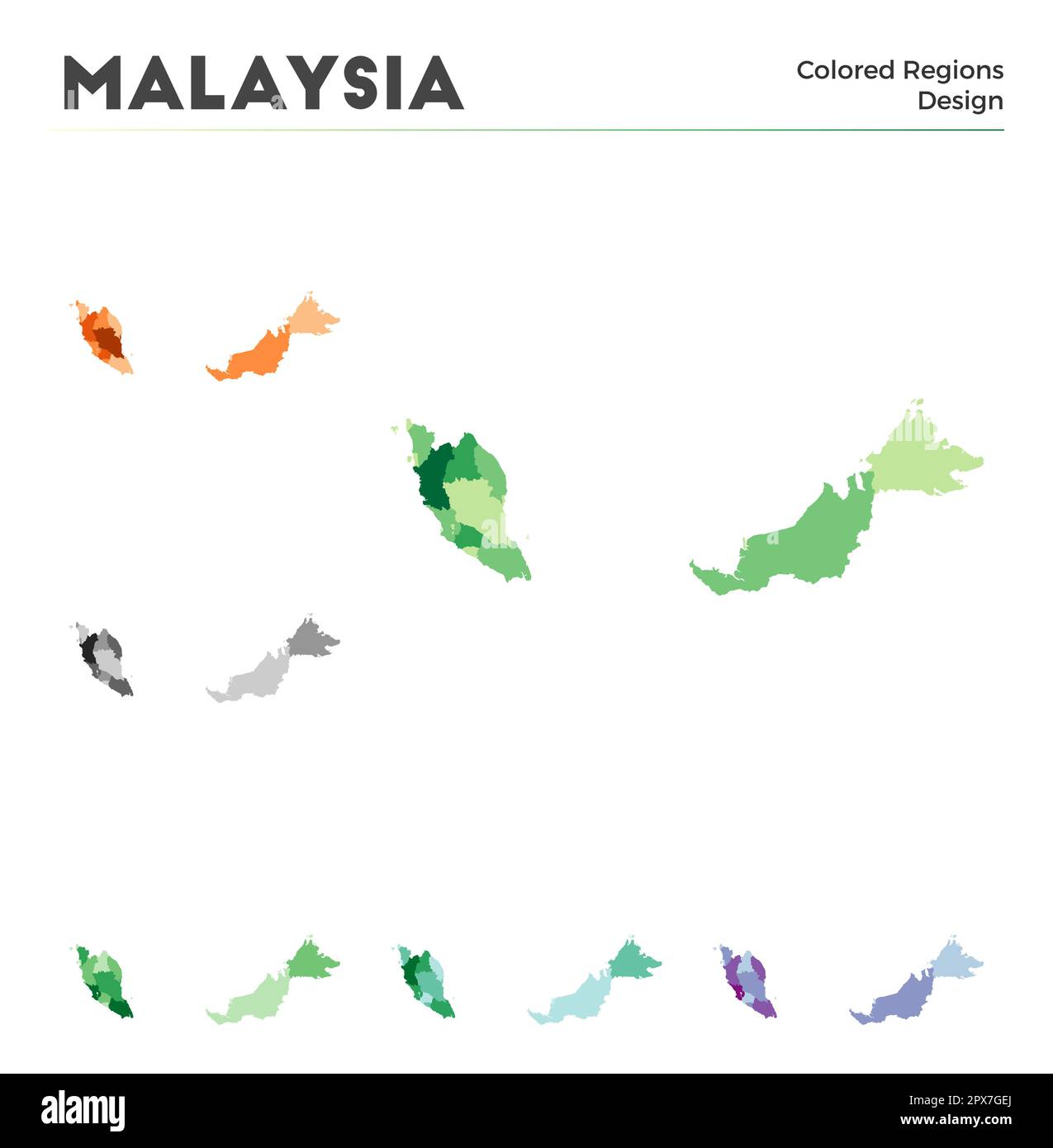 Malaysia map collection. Borders of Malaysia for your infographic. Colored country regions. Vector illustration. Stock Vector