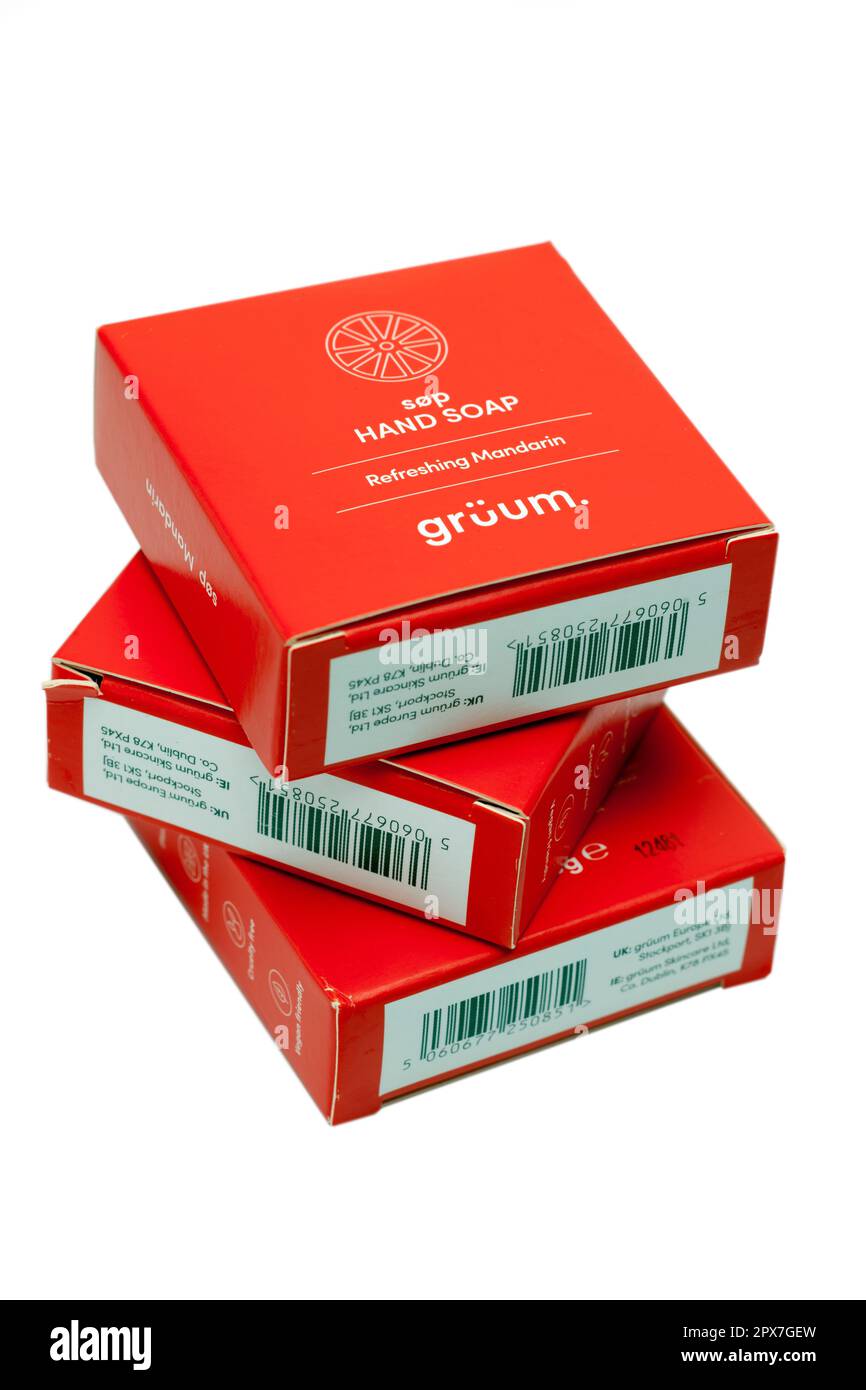 Three boxed Mandarin Gruum Hand Soaps Stock Photo
