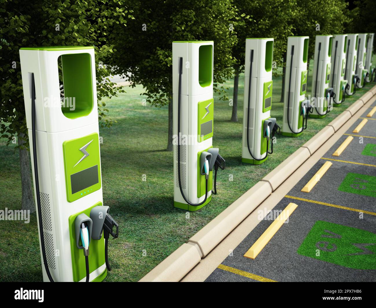 Electric car charging point at car parking lot. Future transport technology and clean energy concept. 3D illustration. Stock Photo