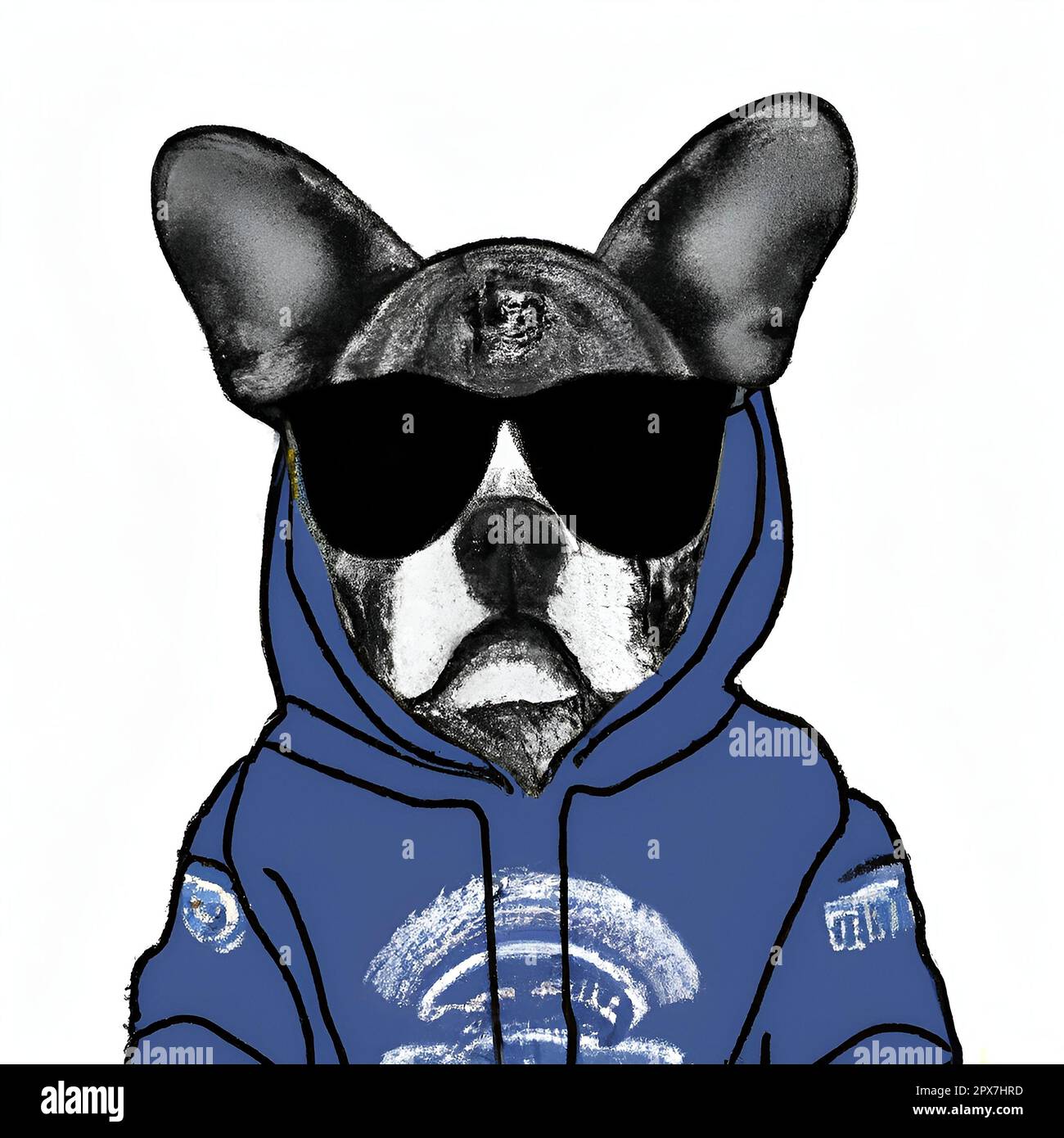 Funny portrait of a black and white dog wearing sunglasses and a blue hoodie  Stock Photo - Alamy