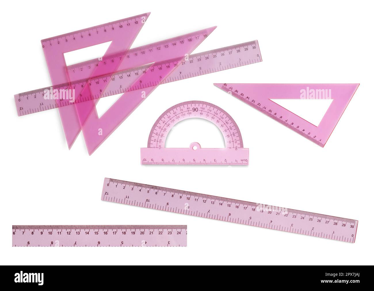 Set with different rulers with measuring length markings in centimeters