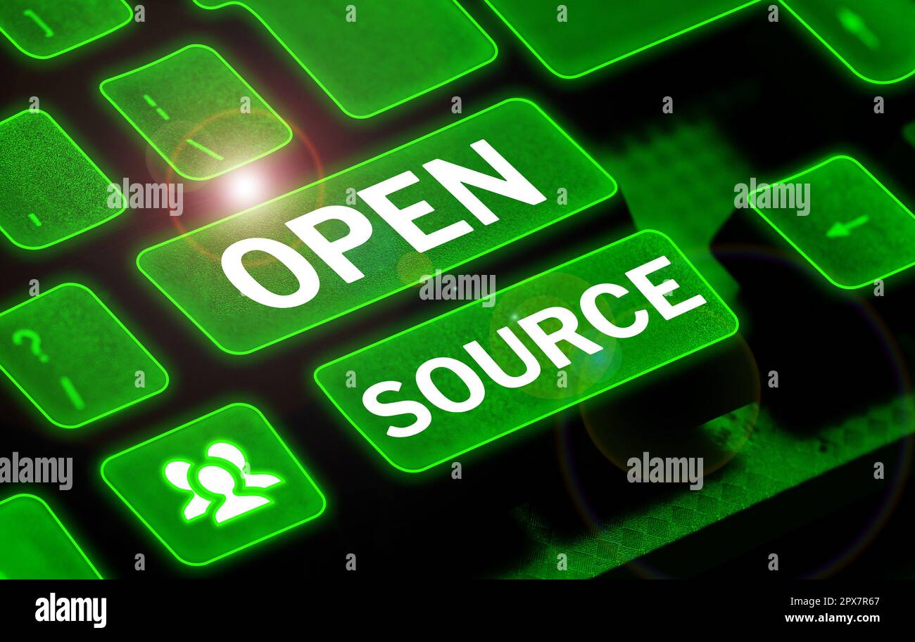 Conceptual display Open Source, Word for denoting software which original source code freely available Stock Photo