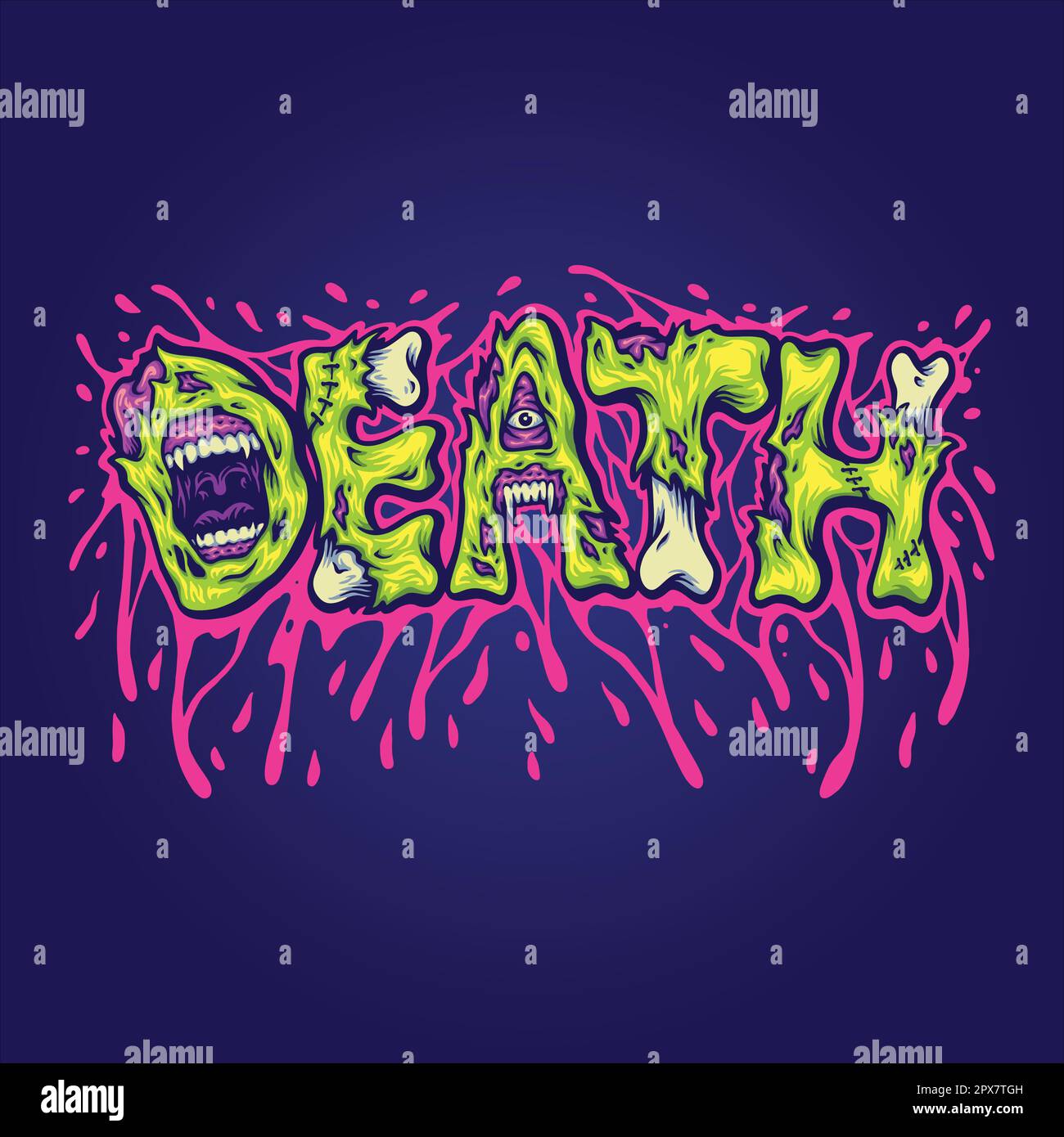 Death word typeface with melted monster letter illustrations