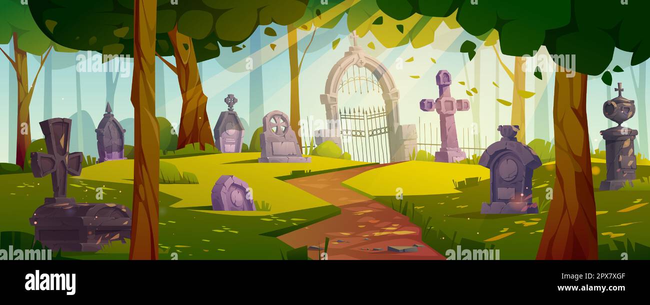 Halloween background with graveyard. Cemetery with tombstones by day. Summer landscape of forest with old gravestones, gates, green trees and grass, vector cartoon illustration Stock Vector