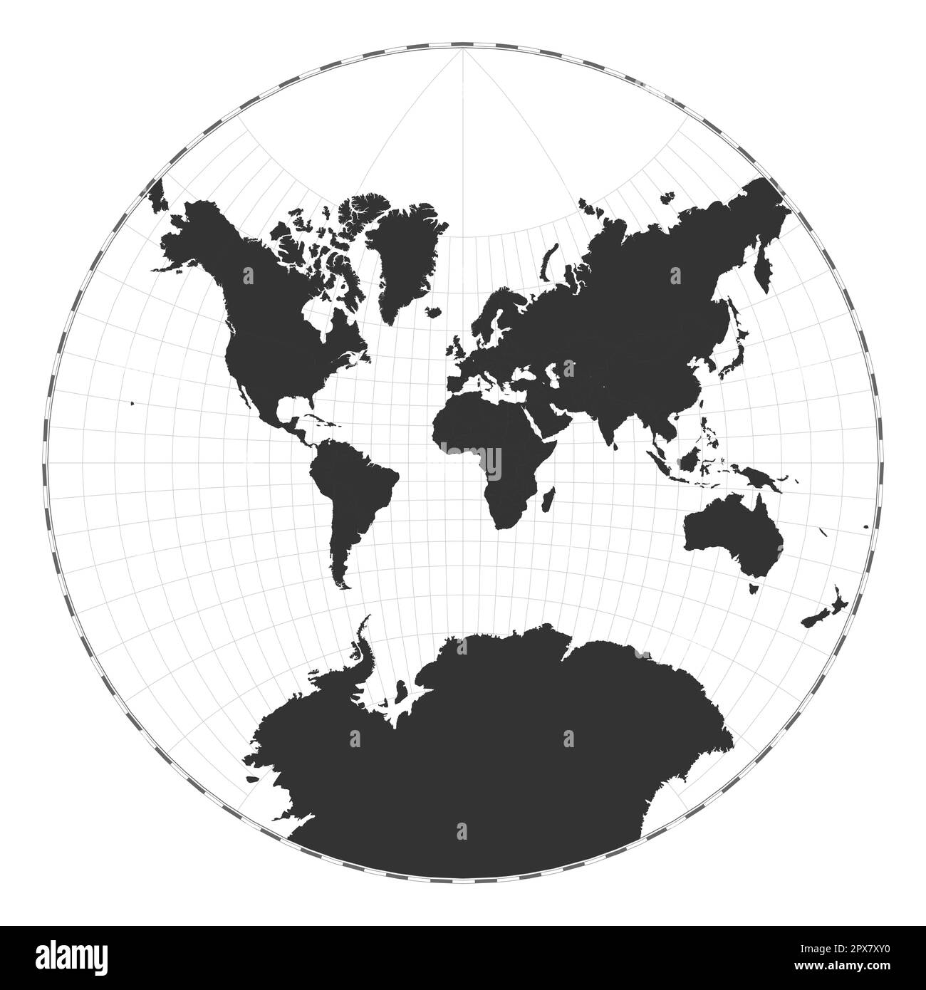 Vector world map. Lagrange conformal projection. Plain world geographical map with latitude and longitude lines. Centered to 0deg longitude. Vector il Stock Vector