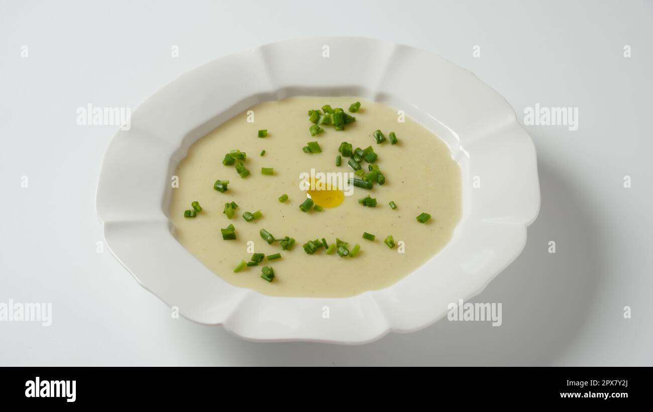 Vichyssoise, classic French chilled cream soup potato leek, and onion