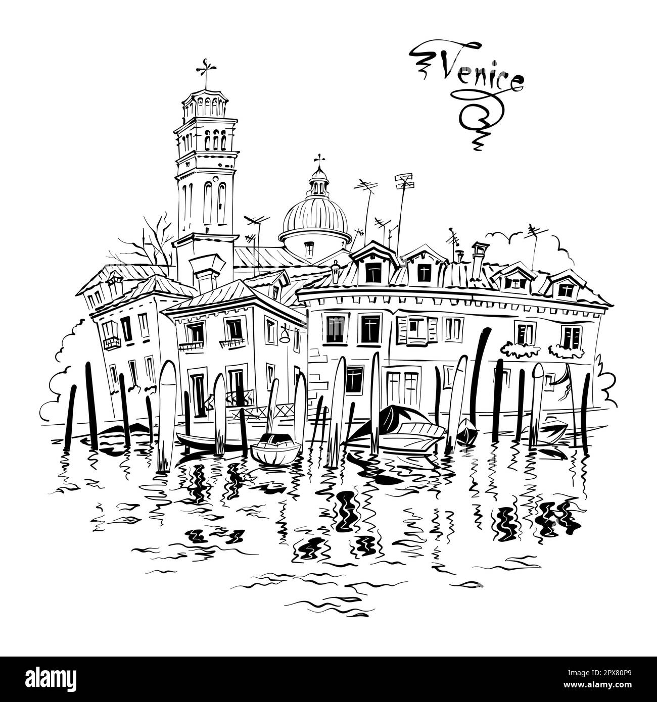 Watercolor sketch of canal, bright houses and Basilica of St Peter of