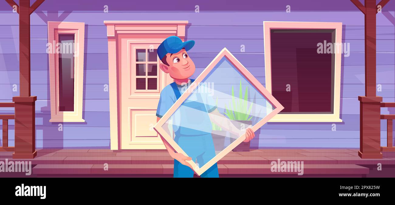 New glass window construction near house and installer glazier worker