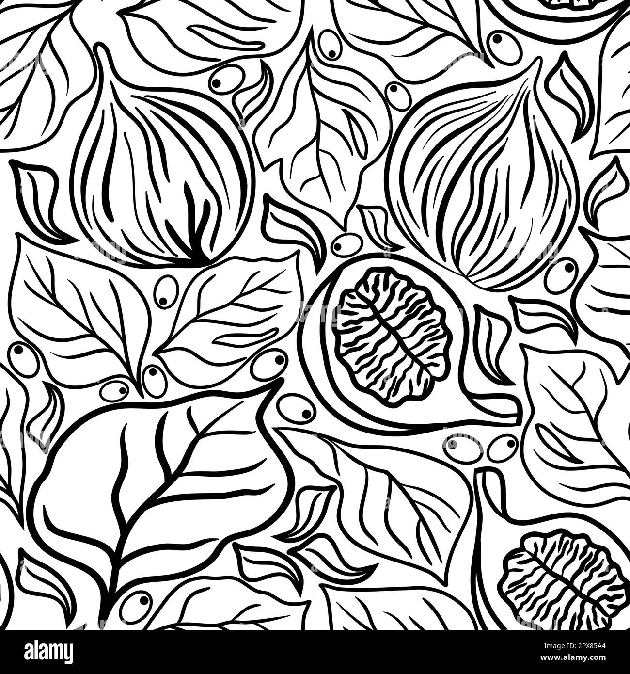 Seamless floral pattern with figs and leaves in doodle technique vector ...