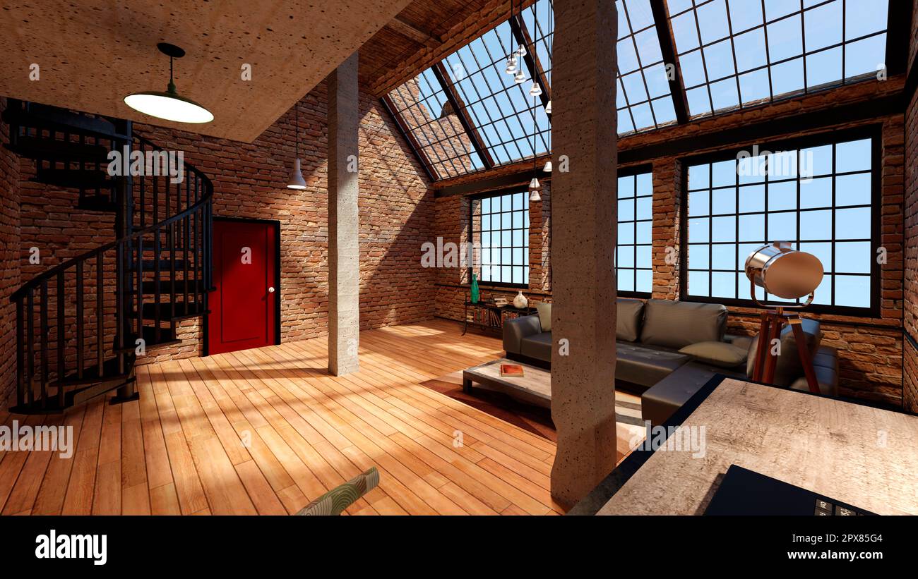 3D rendering of an industrial loft living room interior Stock Photo - Alamy