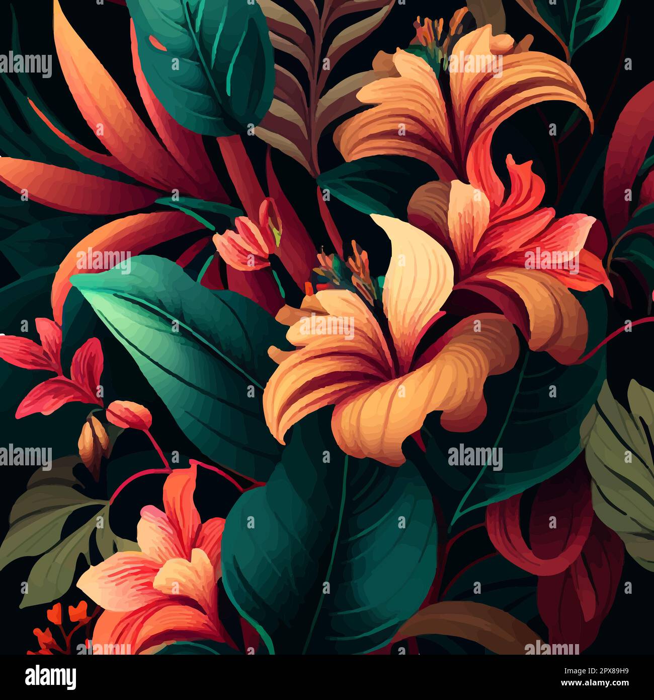 Seamless pattern of green tropical leaves with strelitzia, plumeria and ...
