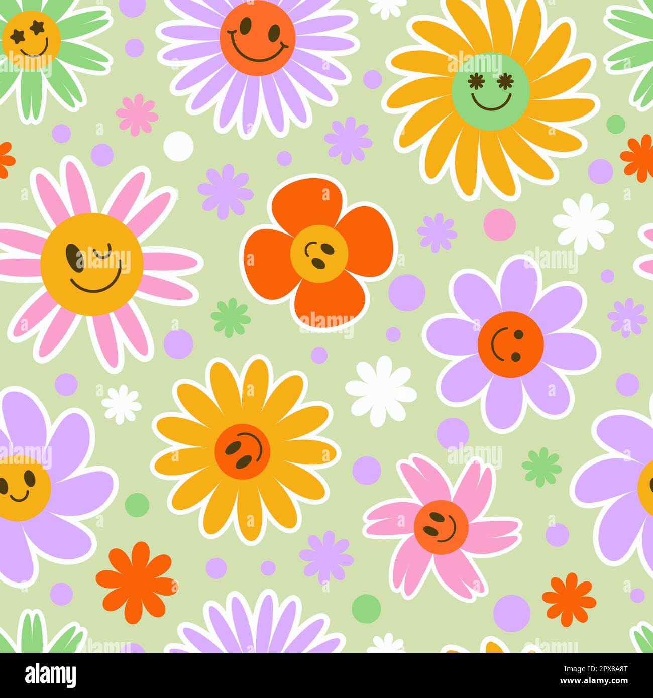 Groovy flower seamless pattern. Y2k floral smile background. Cartoon ...
