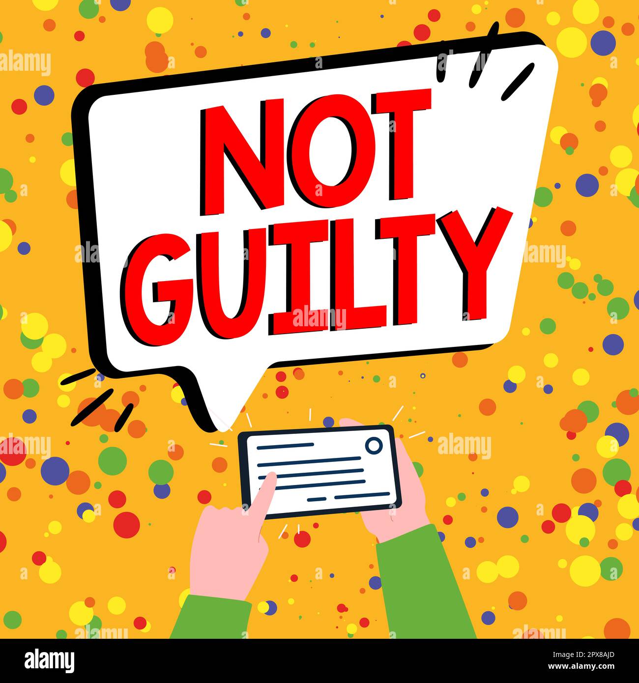 Text caption presenting Not Guilty, Concept meaning someone is innocent