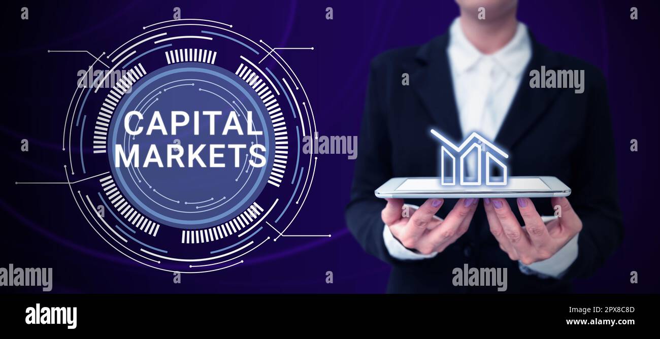 Conceptual display Capital Markets, Concept meaning Allow businesses to raise funds by providing market security Stock Photo