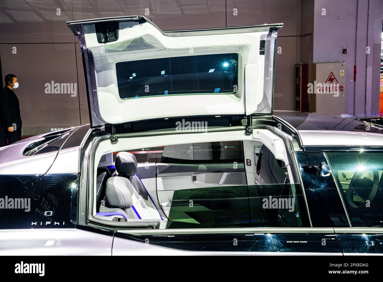 The rear door setup of the HiPhi Y electric SUV car on display at the