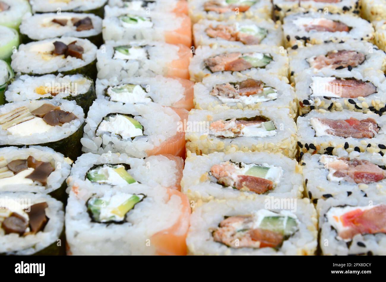 Closeup of a lot of sushi rolls with different fillings. Macro shot of