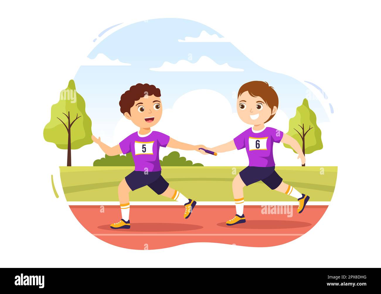 Relay Race Illustration Kids by Passing the Baton to Teammates Until