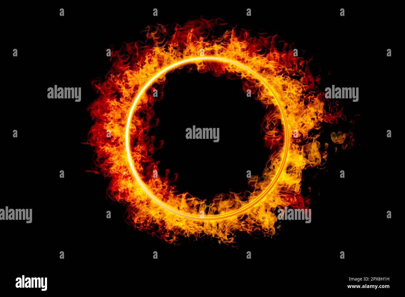 orange flame circle frame on black background Stock Photo