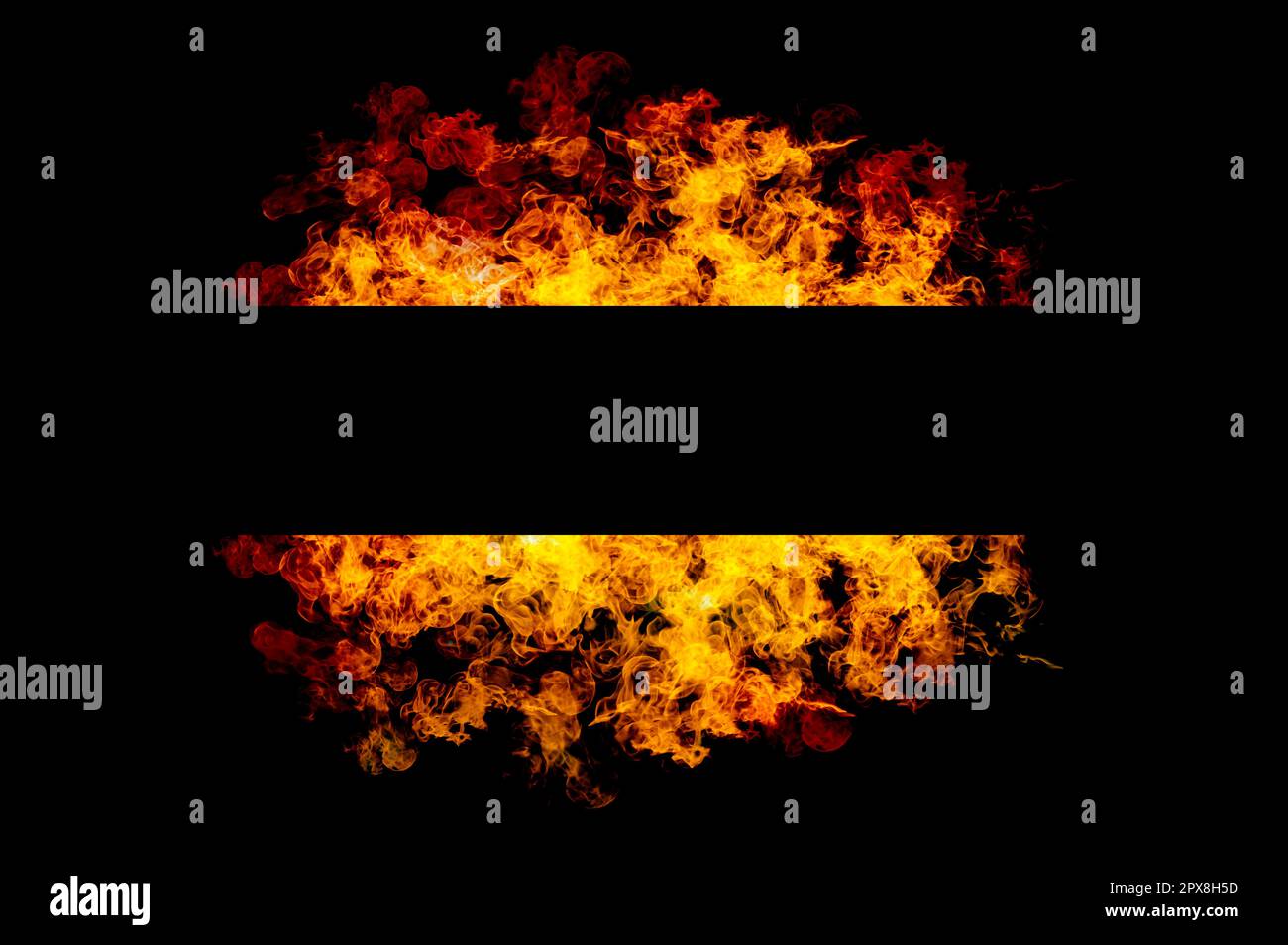 Square frame with orange flames in frame on black background. Stock Photo