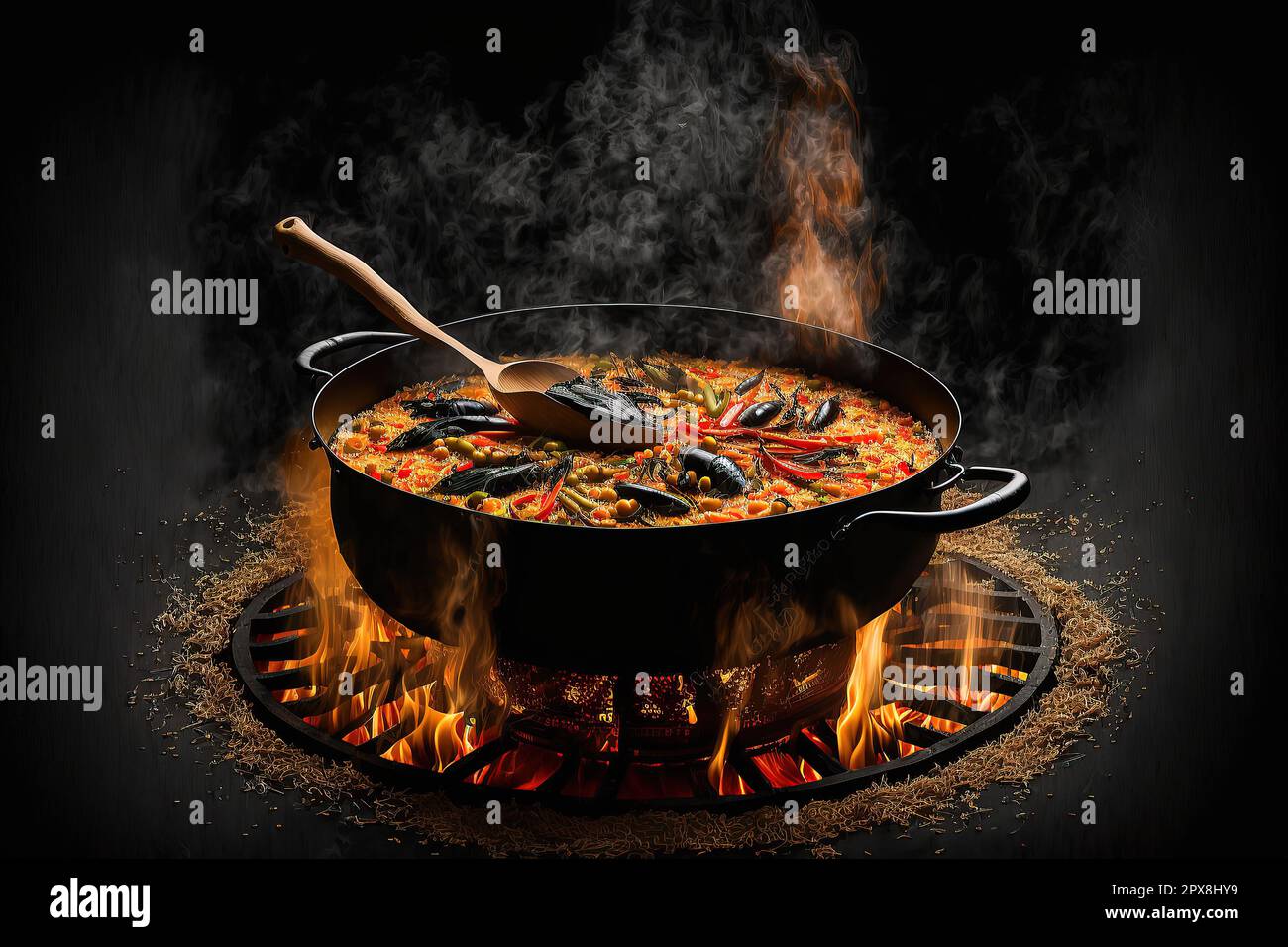 Pan with traditional paella and burner stock photo Stock Photo Alamy