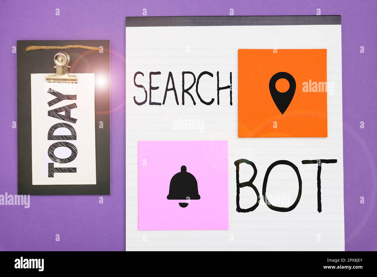 Writing displaying text Search Bot, Concept meaning a program that runs automated tasks over the Internet or network Stock Photo