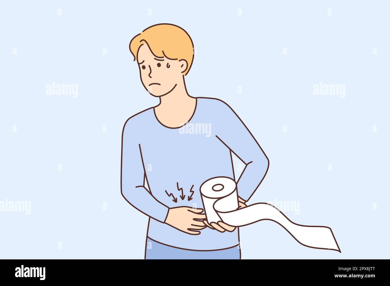 Unhealthy young man suffer from stomachache go to toilet with paper