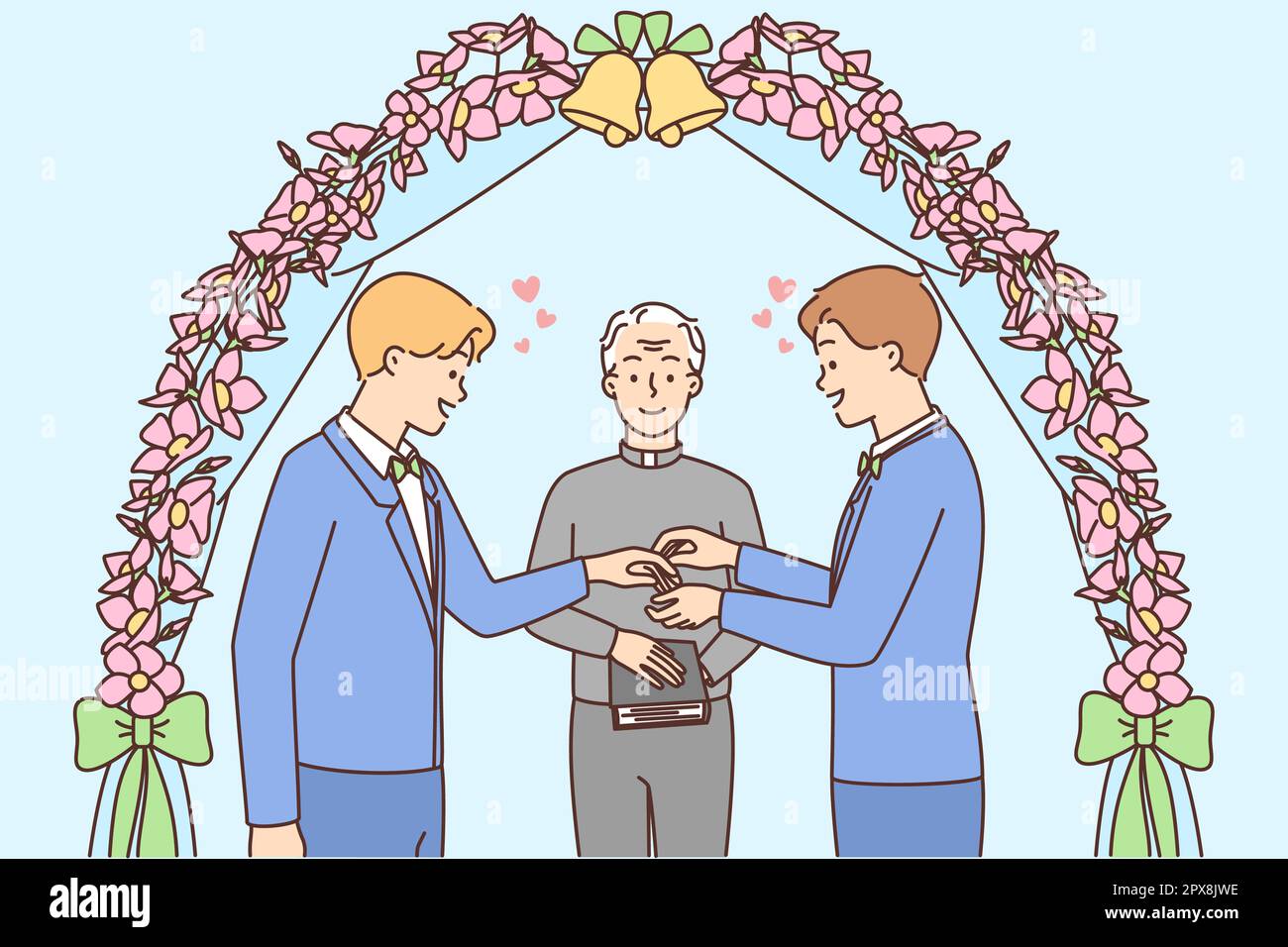 Smiling male couple stand near wedding arch exchange rings. Happy gay men at marriage ceremony. Homosexual relationships concept. Vector illustration. Stock Photo