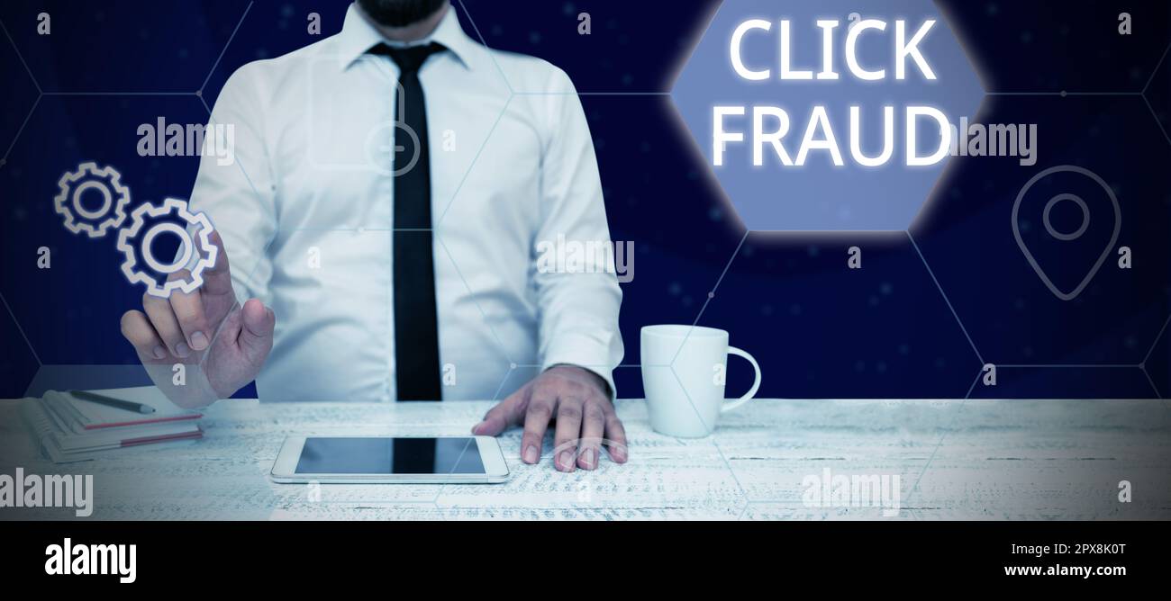 Handwriting text Click Fraud, Word for practice of repeatedly clicking on advertisement hosted website Stock Photo