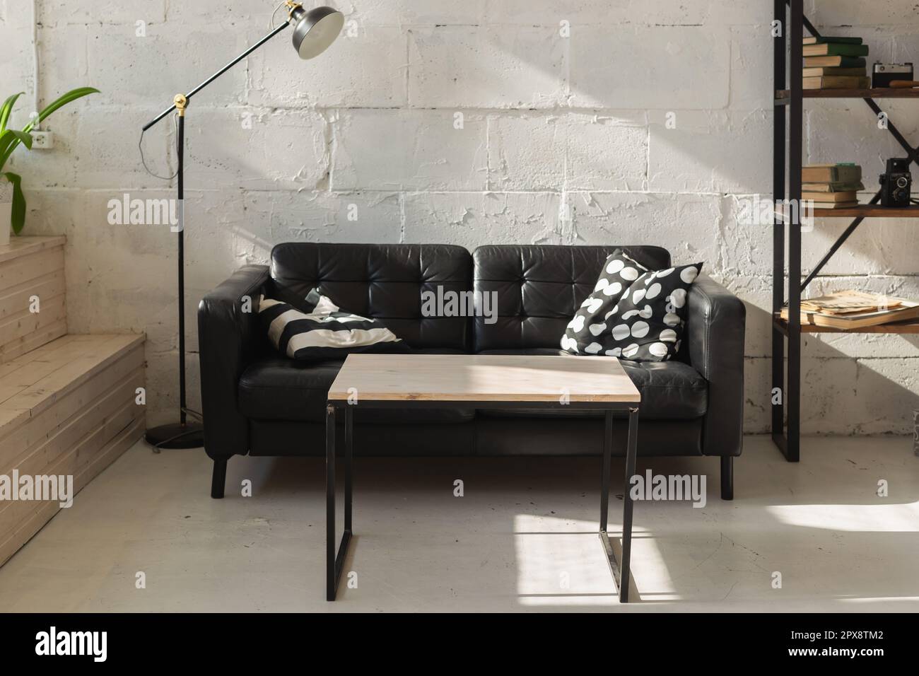 Elegant black sofa in modern living room interior Stock Photo - Alamy