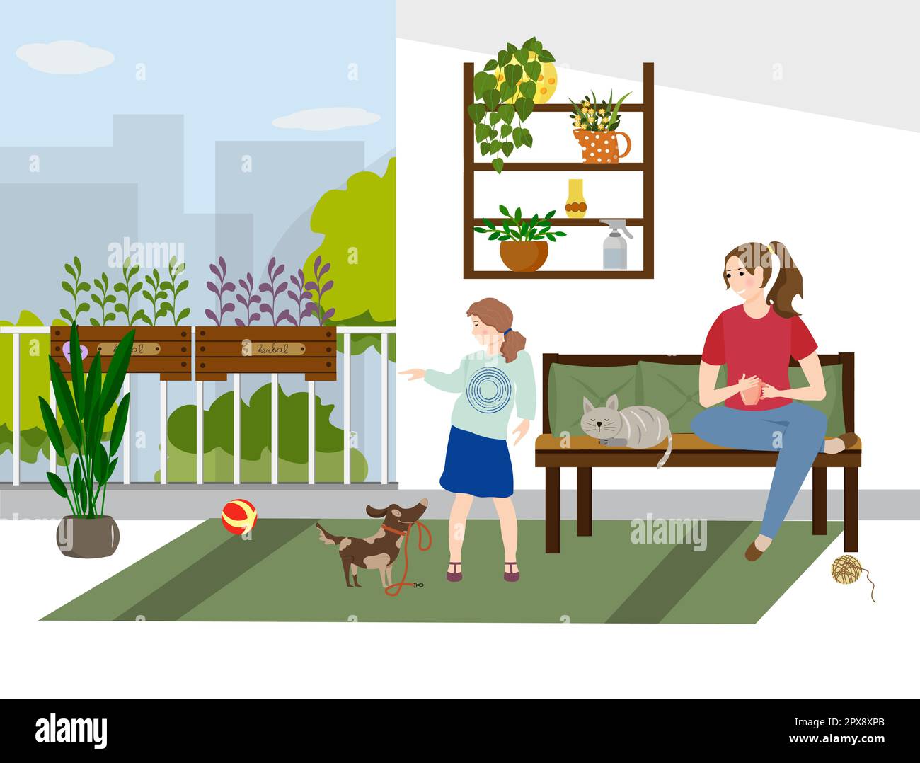 The family is relaxing on the balcony. The girl is playing with the dog, the cat is resting on the couch.  Stock Vector