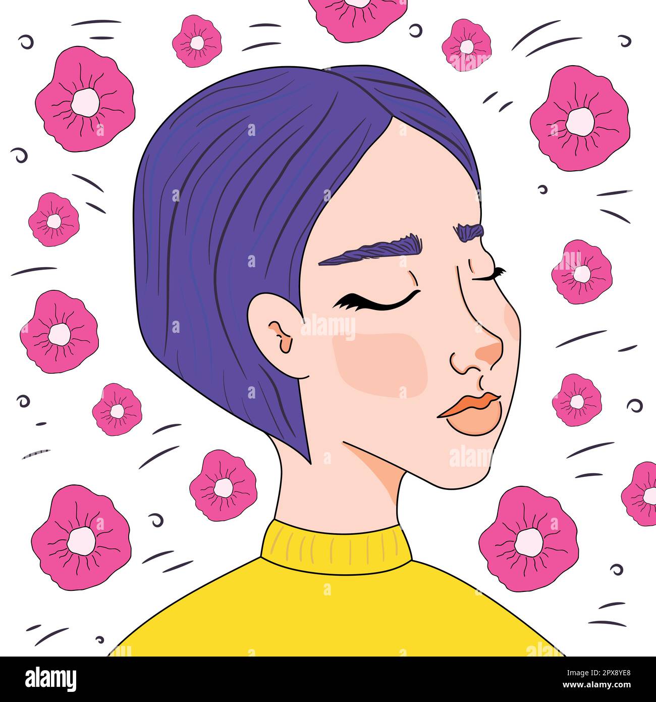 Hand drawn girl with purple hair and with closed eyes inhales the scent of flowers. Vector art