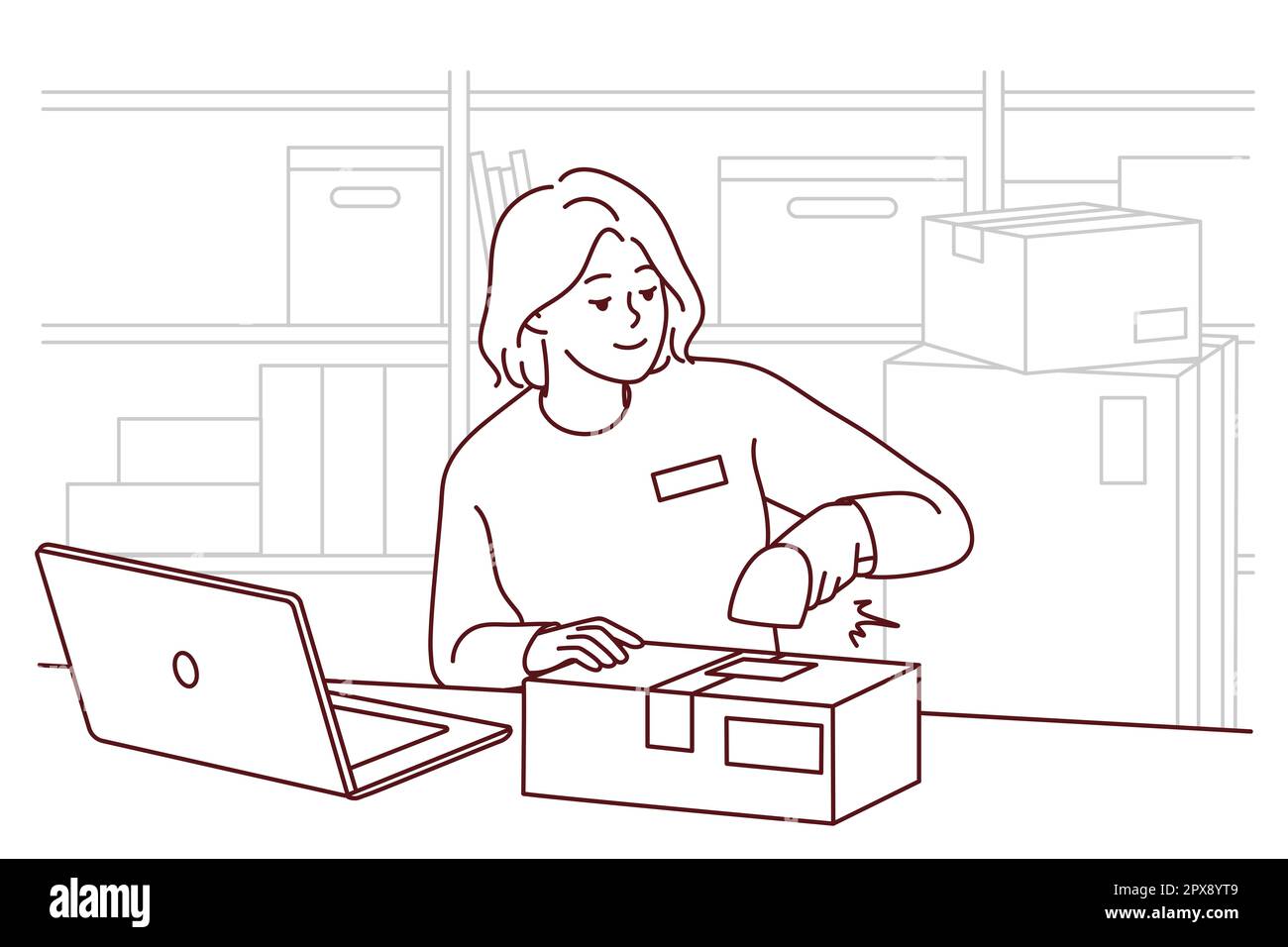 Woman employee work with scanner at warehouse. Smiling female worker ...