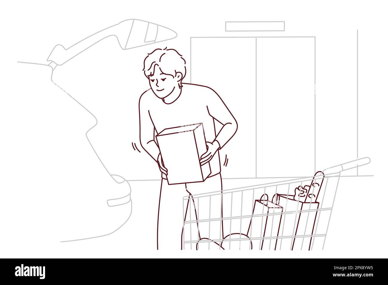 Happy young man loading groceries in car. Smiling guy putting products ...