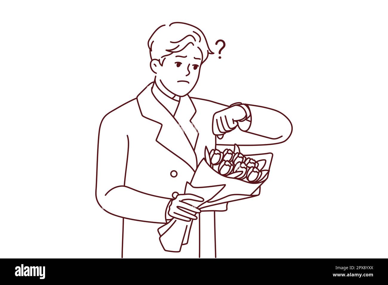 Upset young man holding flowers look at clock waiting for female date