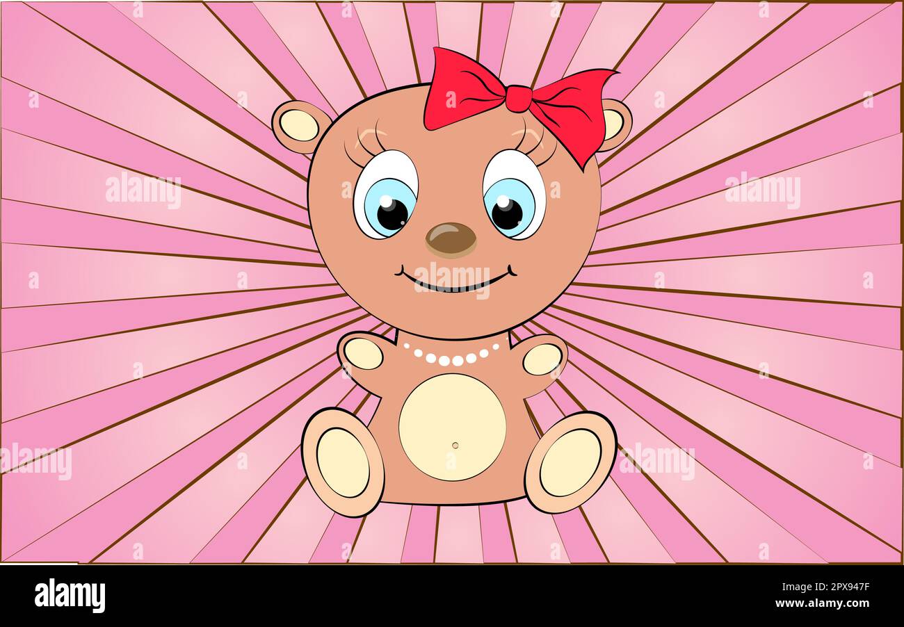 Big cute beautiful funny thick plush teddy bear toy girl on a background of abstract pink rays